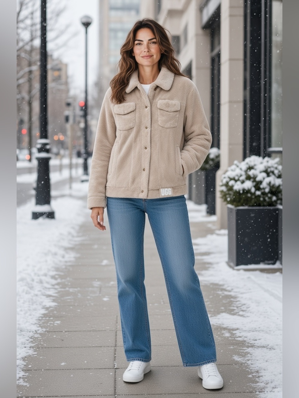 UGG Frankie Sherpa Trucker Jacket Cream Beige Fleece Teddy Coat